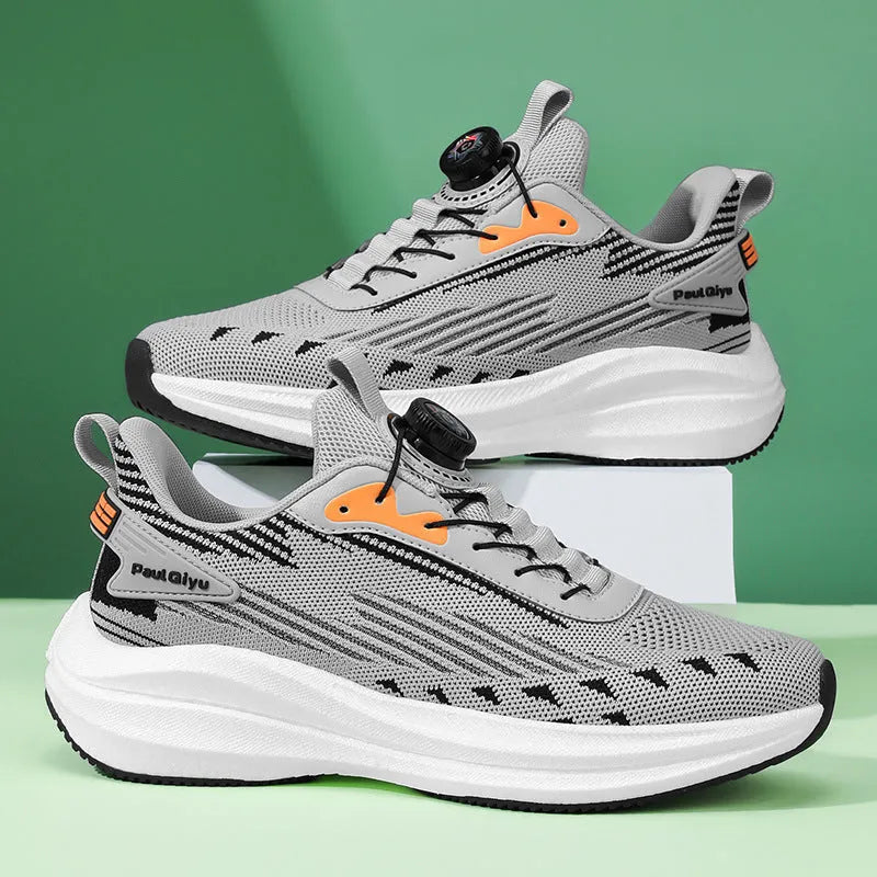 Men's white green and black rotating buckle Fly-kit mesh casual sports running shoes on a flat sole.