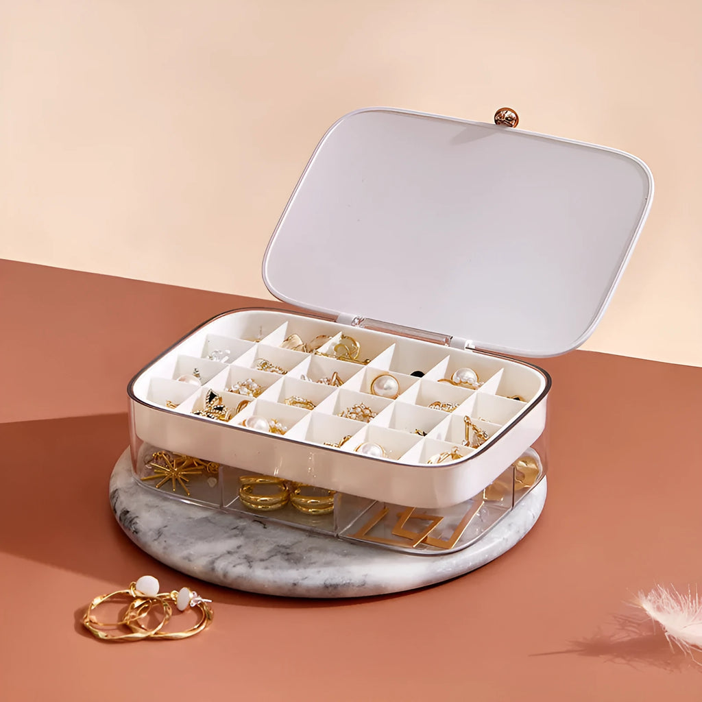 Modern minimalist multi-layer jewellery storage box in plastic construction showing dimensions and colour options