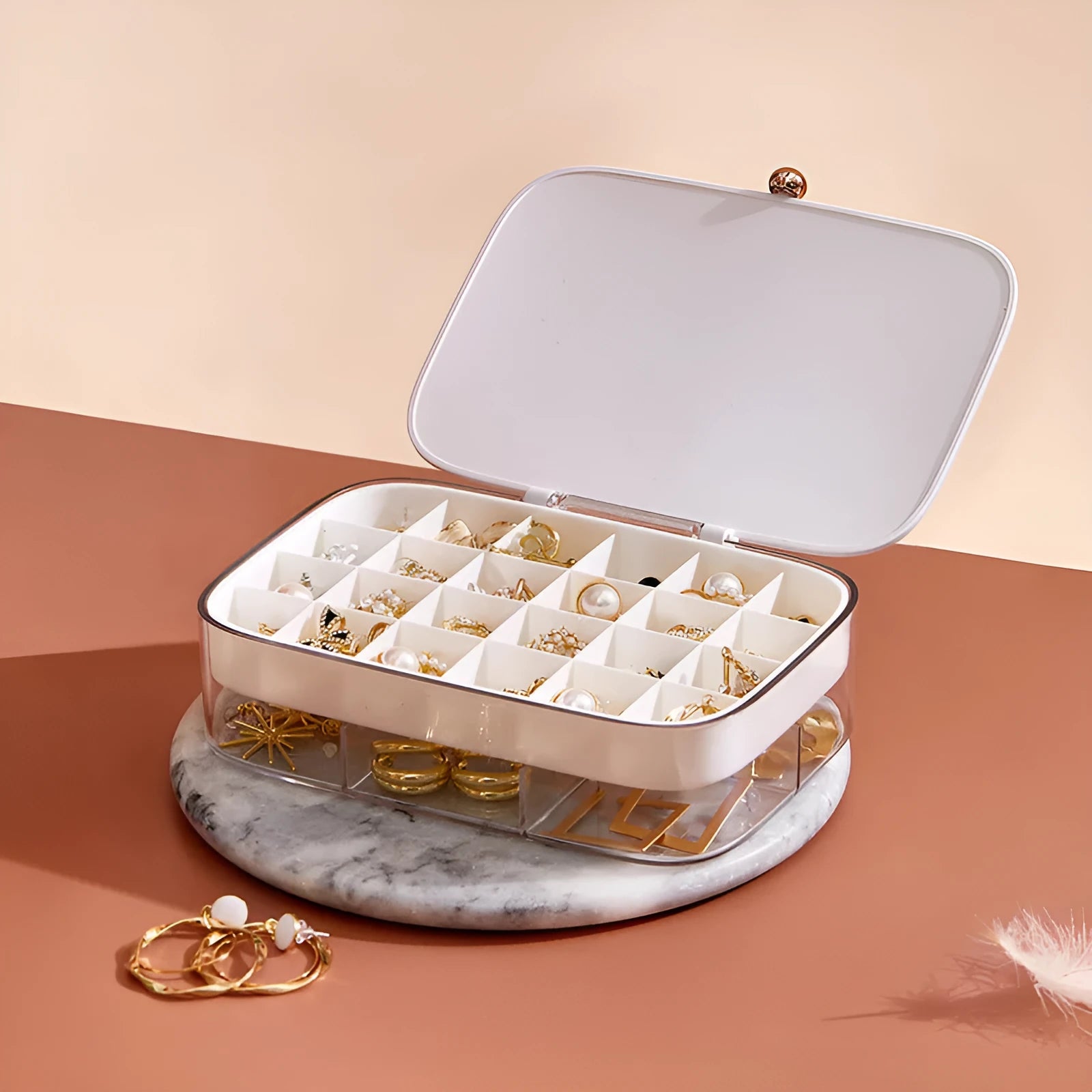 Modern minimalist multi-layer jewellery storage box in plastic construction showing dimensions and colour options