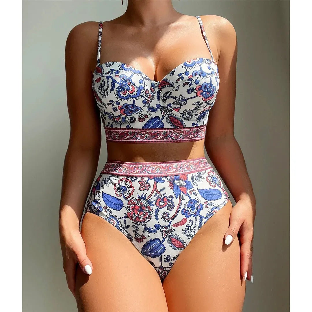 Blue women's high-waist push-up bikini swimsuit with polyester fabric and sleeveless design