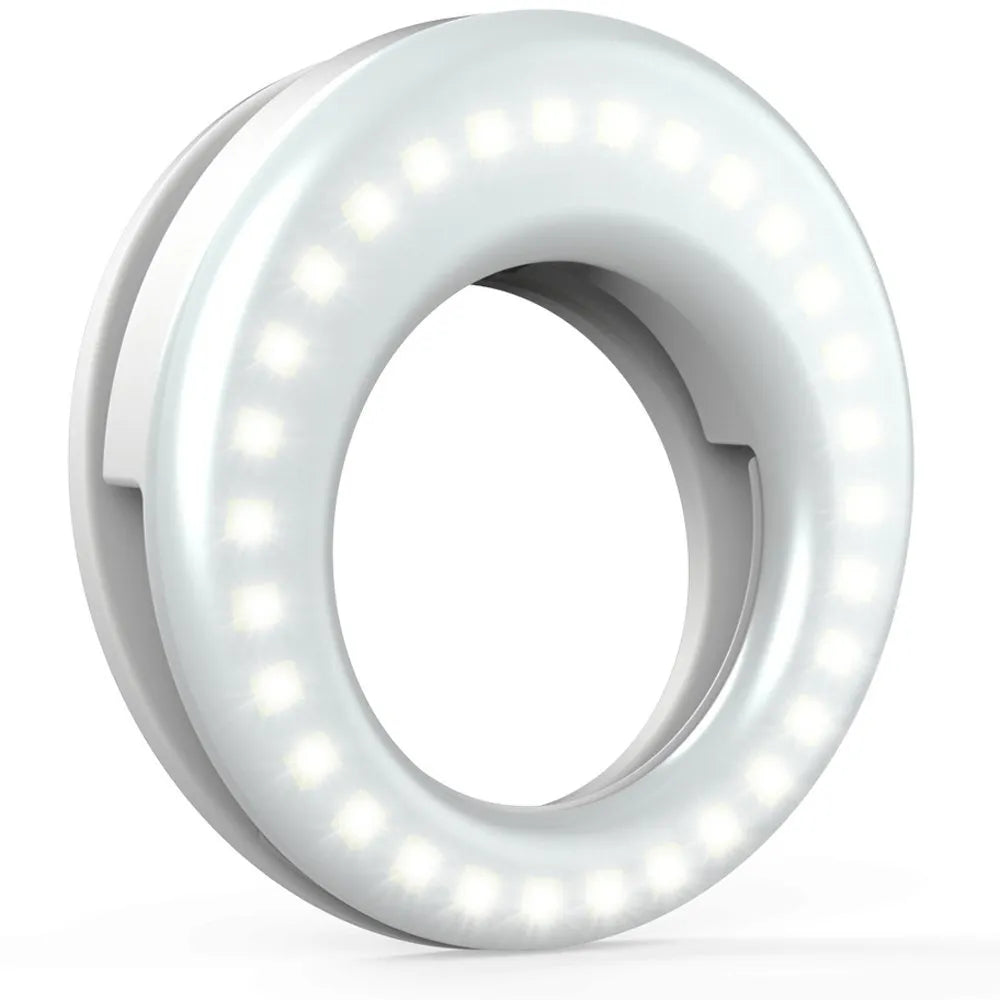 Compact black LED ring light for mobile phone photography with USB charging cable