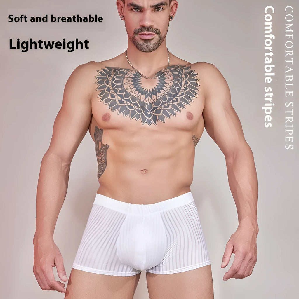 Men's striped underwear in thin nylon fabric, shown in black, dark grey, and white colours.