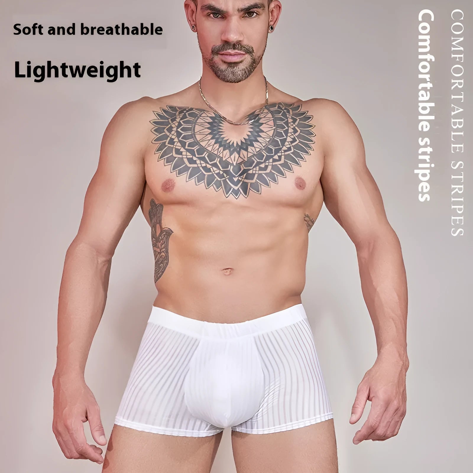 Men's striped underwear in thin nylon fabric, shown in black, dark grey, and white colours.