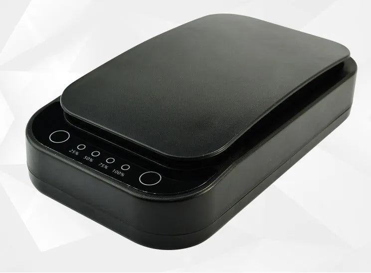 Blue and white portable UV disinfection box for mobile phones, showing size scale.