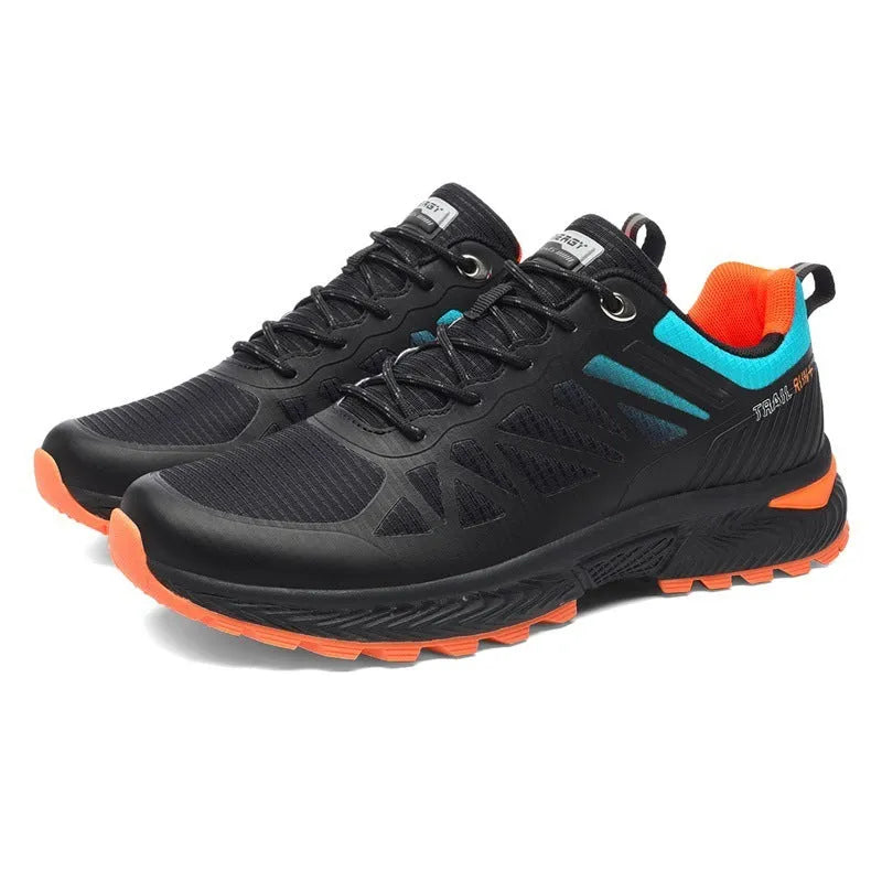 Men's black mesh outdoor running shoes with lace-up front and rubber sole, shown in size 45.