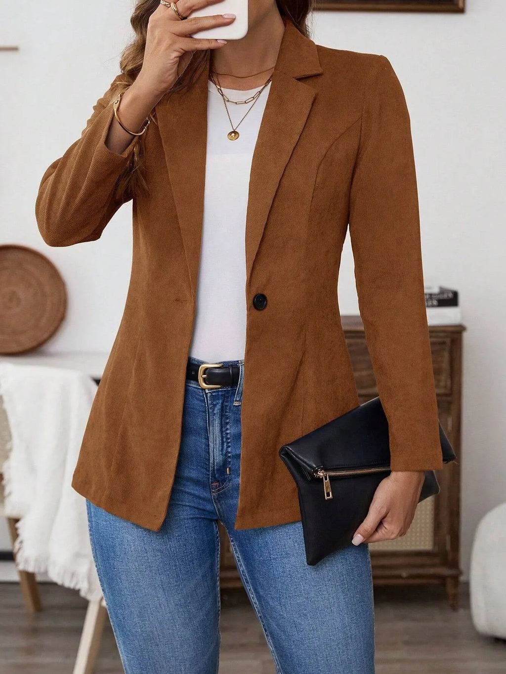 Brown men's lapel single-breasted coat with long sleeves shown in multiple size options