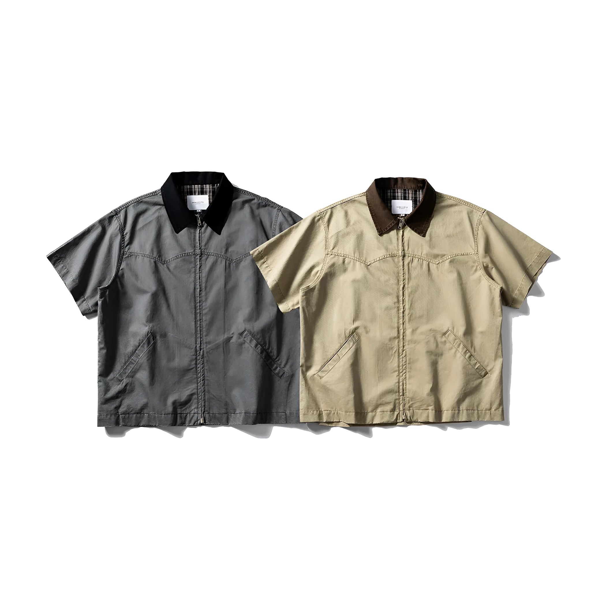 Washed overalls short sleeve cardigan shirt in loose fit cotton, khaki or grey colour