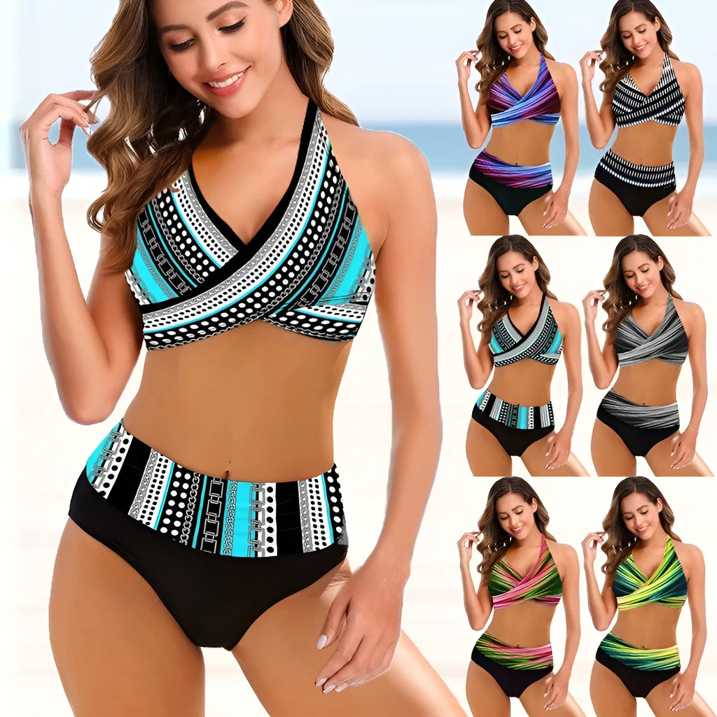 Women's striped tie-dye bikini with split hollow design and high-waisted briefs