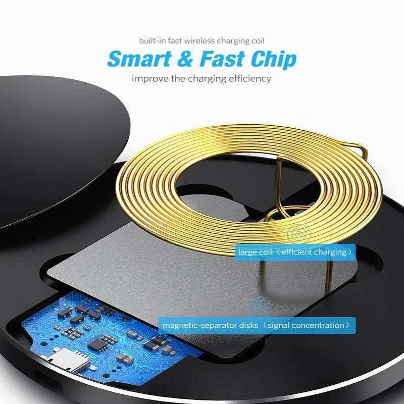 Black square ultra-thin wireless fast charger with USB cable on a desk