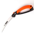 Folding garden saw with 230mm steel blade and textured TPR handle, shown open and closed