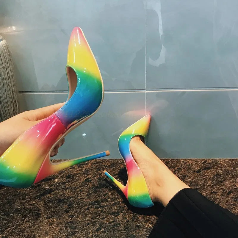 Rainbow patent leather women's ultra-high heel stilettos with pointed toe