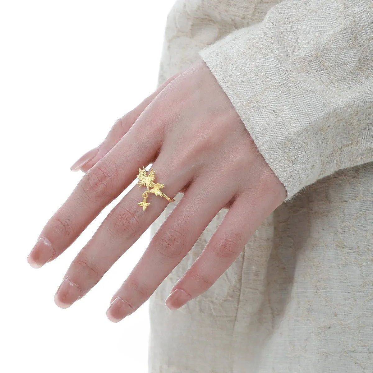 Silver butterfly ring with adjustable opening in electroplated white gold or 18K gold colour