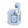 Transparent space capsule case Bluetooth headset with digital display screen showing battery level