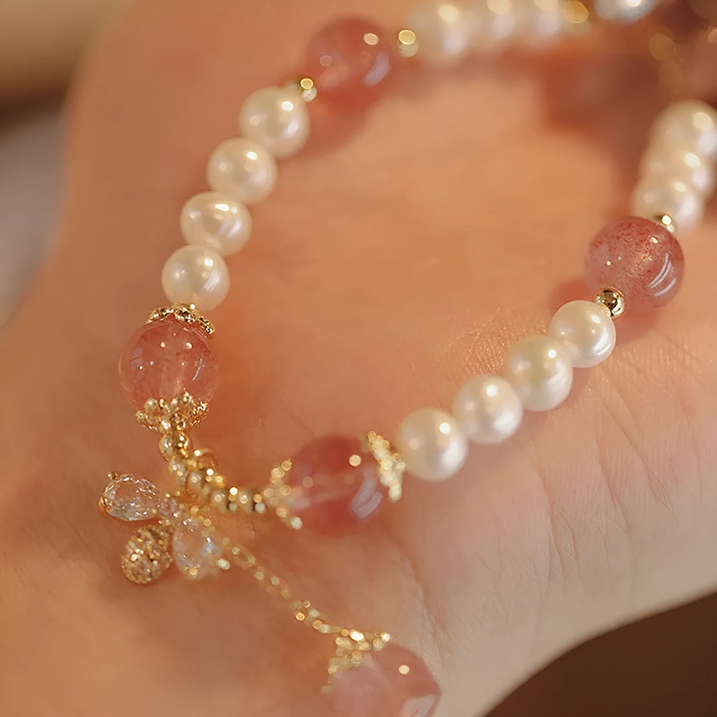 Crystal strawberry quartz stringed pearls bracelet handmade women's INS style with bow detail