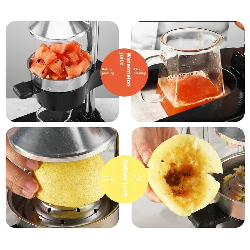 Cast iron manual citrus juicer with stainless steel funnel showing black finish
