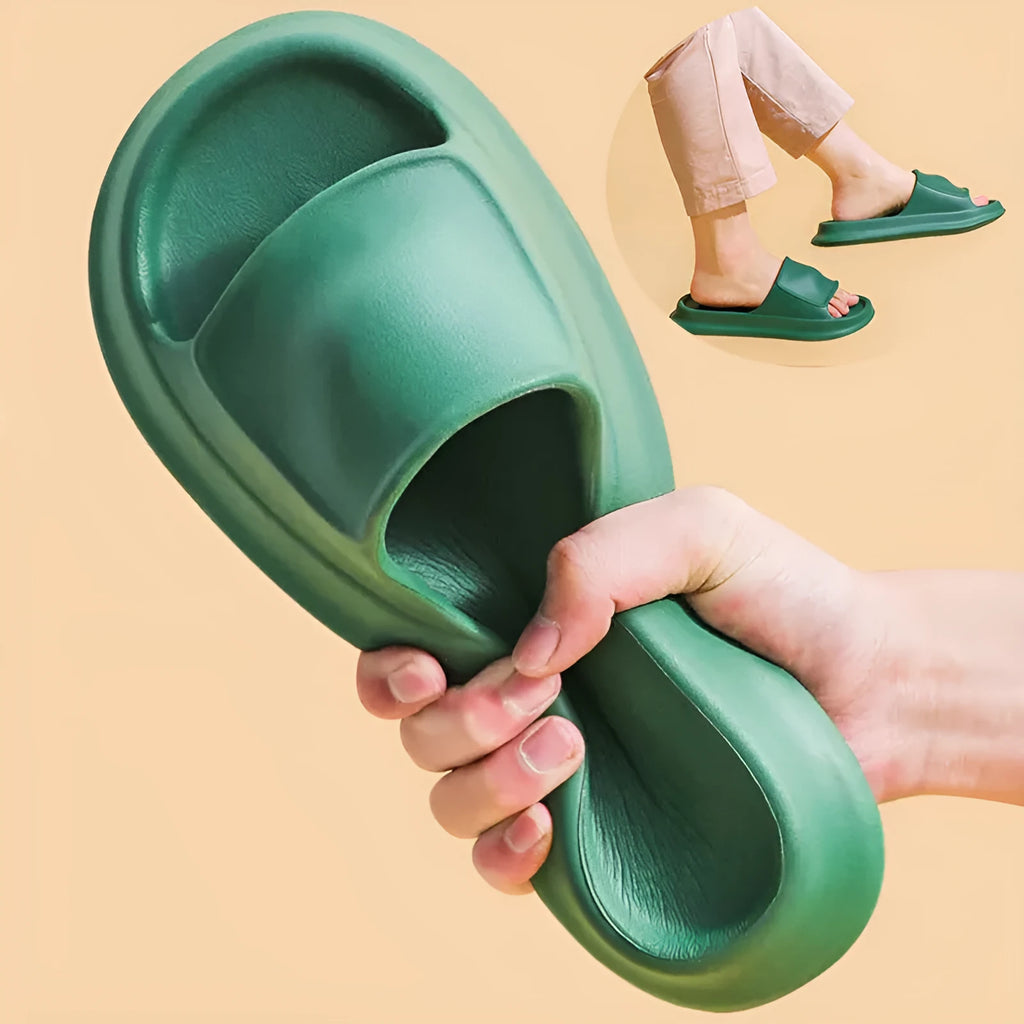 Soft EVA bathroom flip-flops with thick non-slip sole in multiple colour choices on a white background.