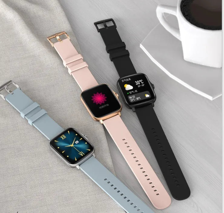 Smart watch with 1.7-inch colour touchscreen on adjustable strap, showing fitness stats interface.