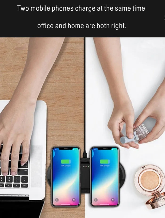 Black and white dual wireless charging pad for two phones with Qi fast charging compatibility