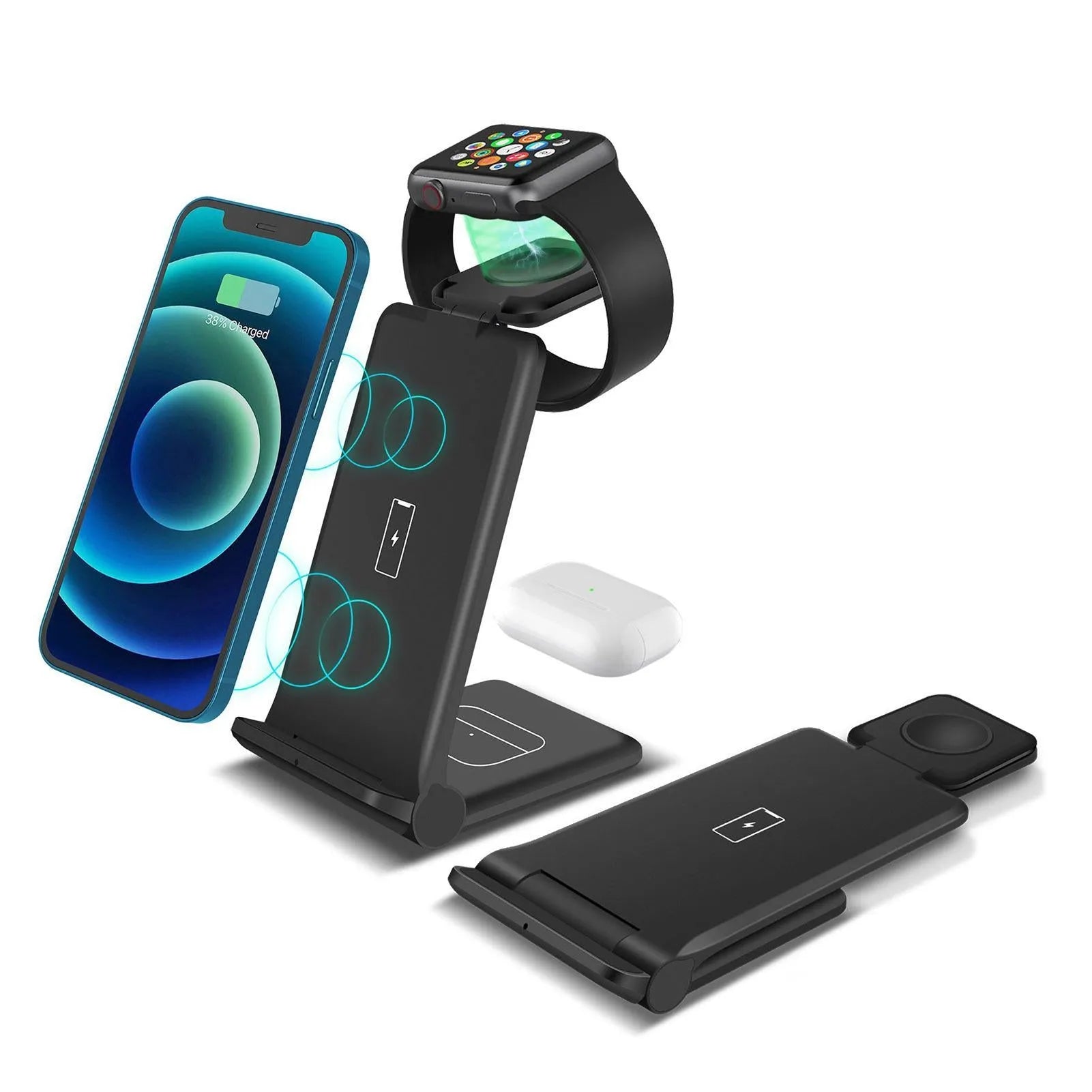Black and white 3-in-1 wireless charging station for phones, Apple Watch and AirPods with foldable design
