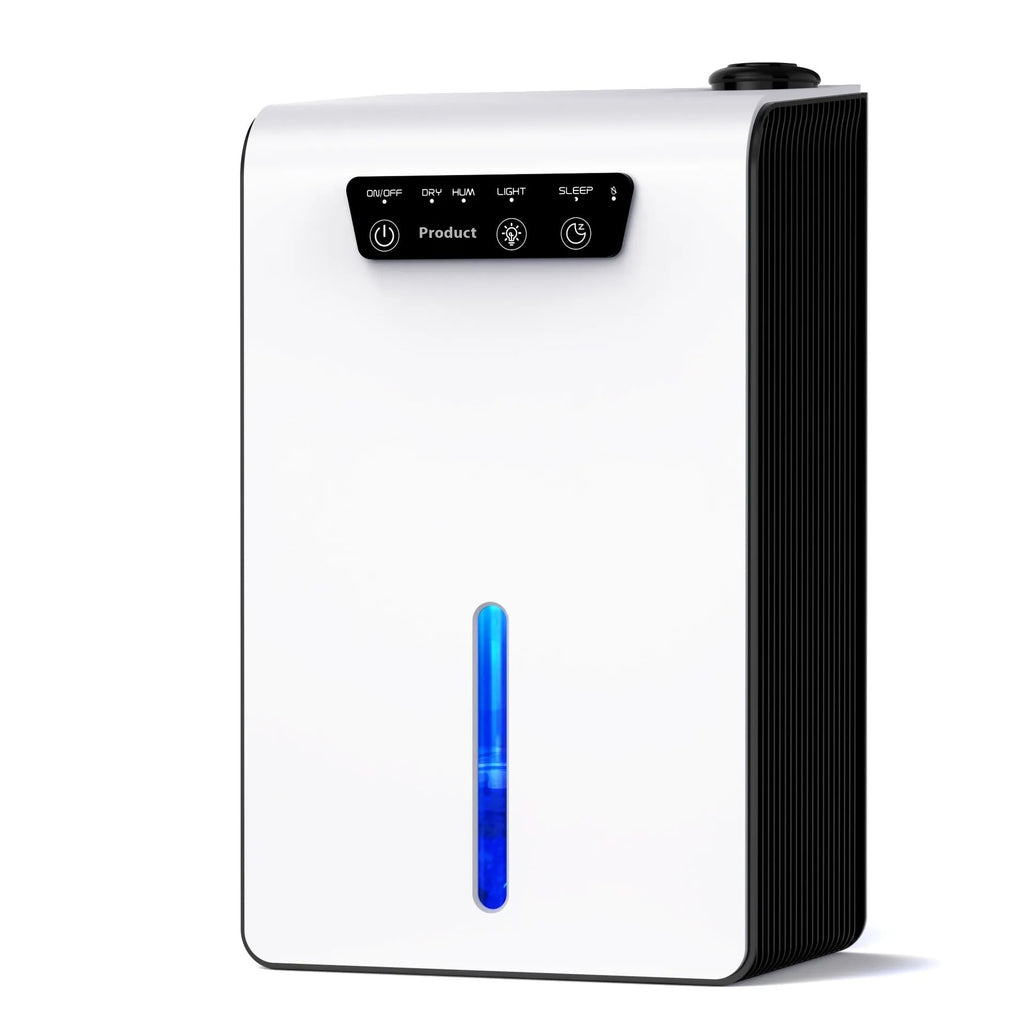 Milky white portable small dehumidifier for bedrooms with a 4-litre water reservoir.