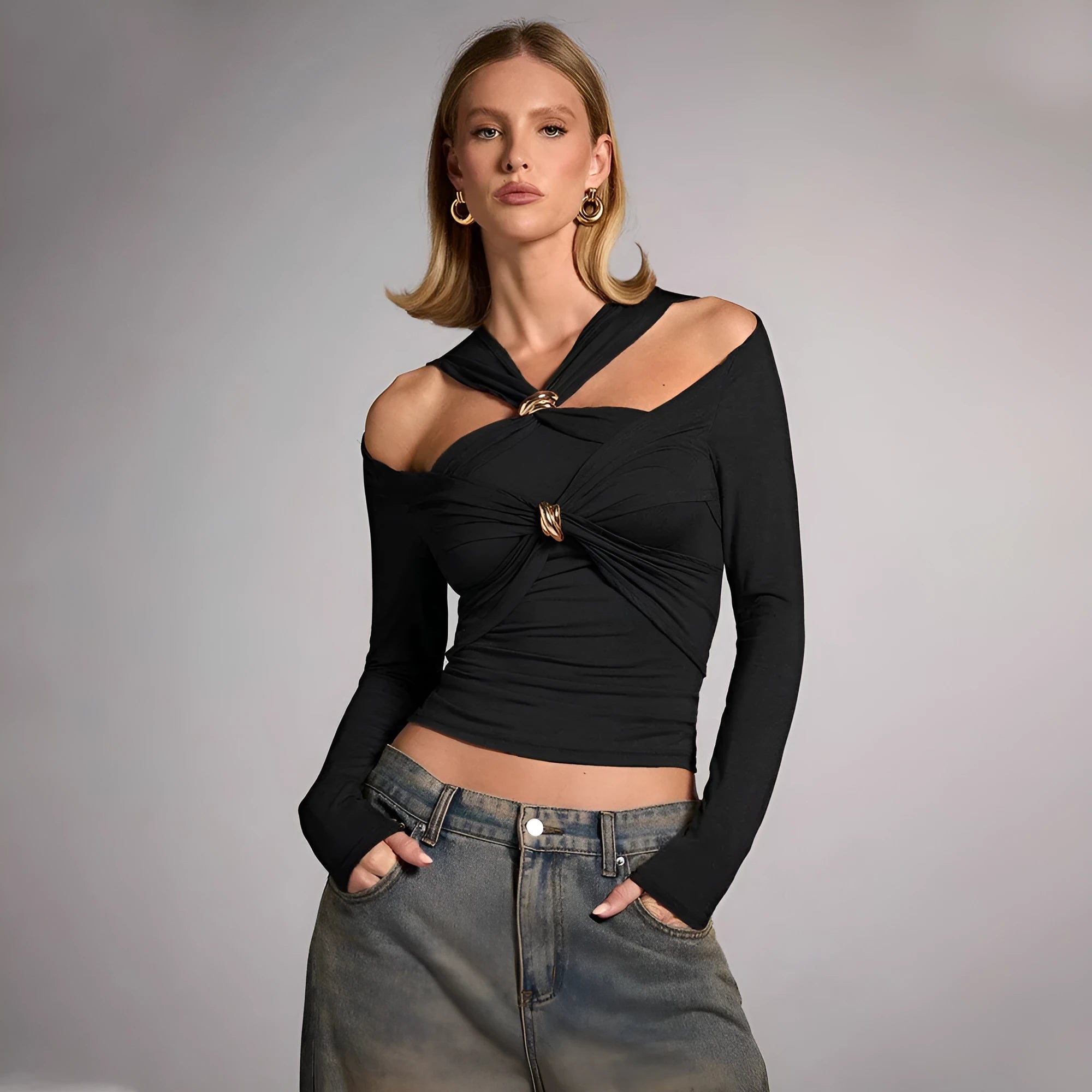 Black women's slim fit halter top with long sleeves and a strapless neckline.