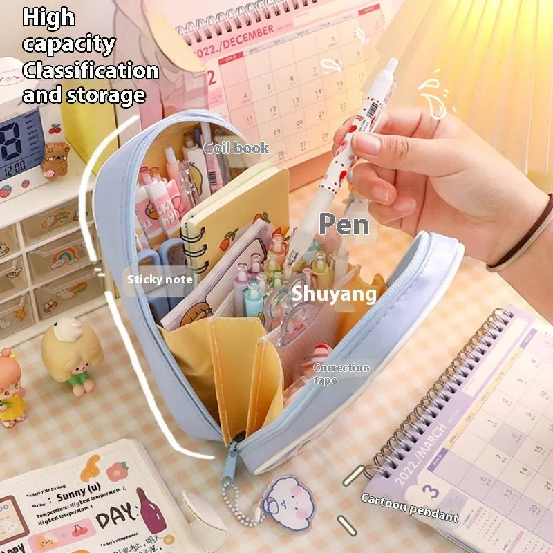 Transparent PVC pencil case with cartoon bear design showing pens inside
