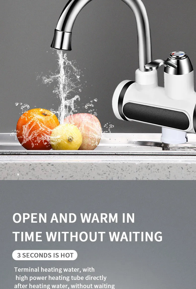 White electric water heater tap with digital temperature display showing temperature reading