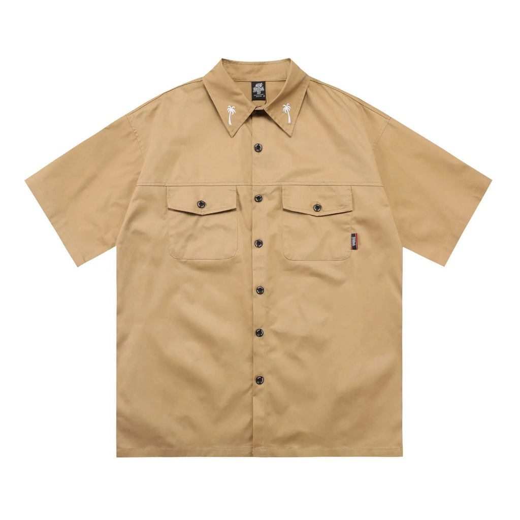 Men's cotton blend loose-fit pocket shirt with embroidery, half sleeve, in black and khaki, sizes M to XXL
