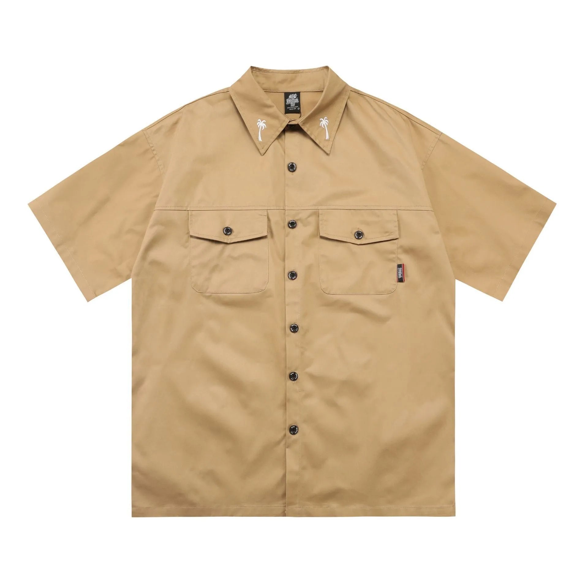 Men's cotton blend loose-fit pocket shirt with embroidery, half sleeve, in black and khaki, sizes M to XXL