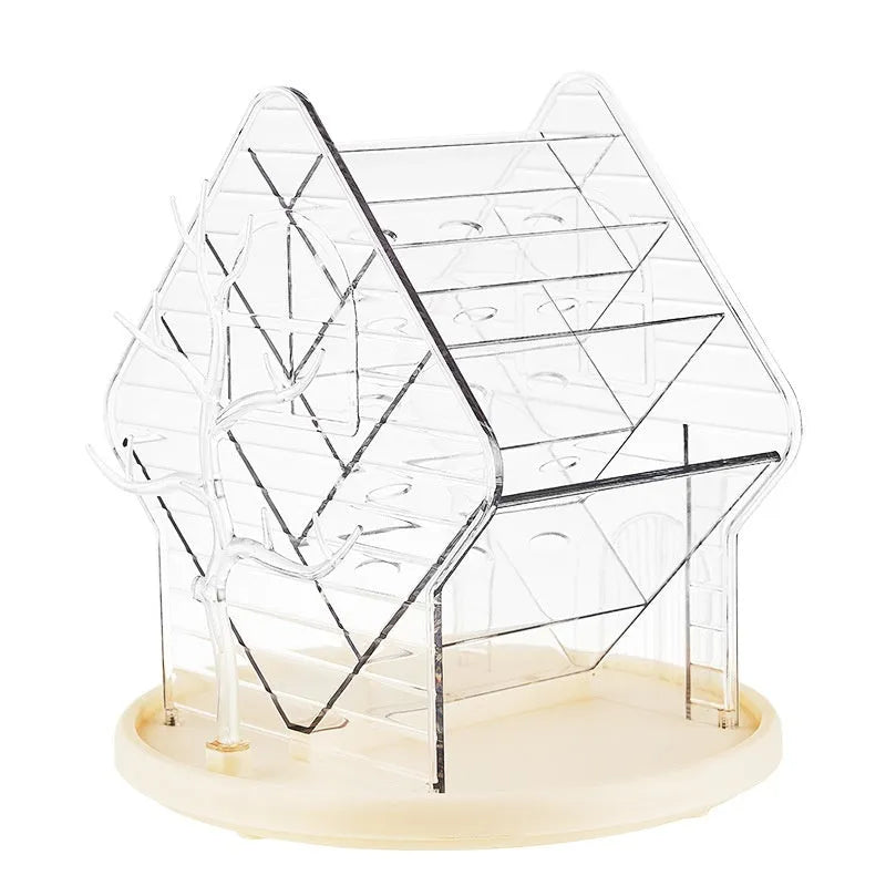 Rotating cosmetics storage box in clear and amber gold plastic with 360-degree rotation