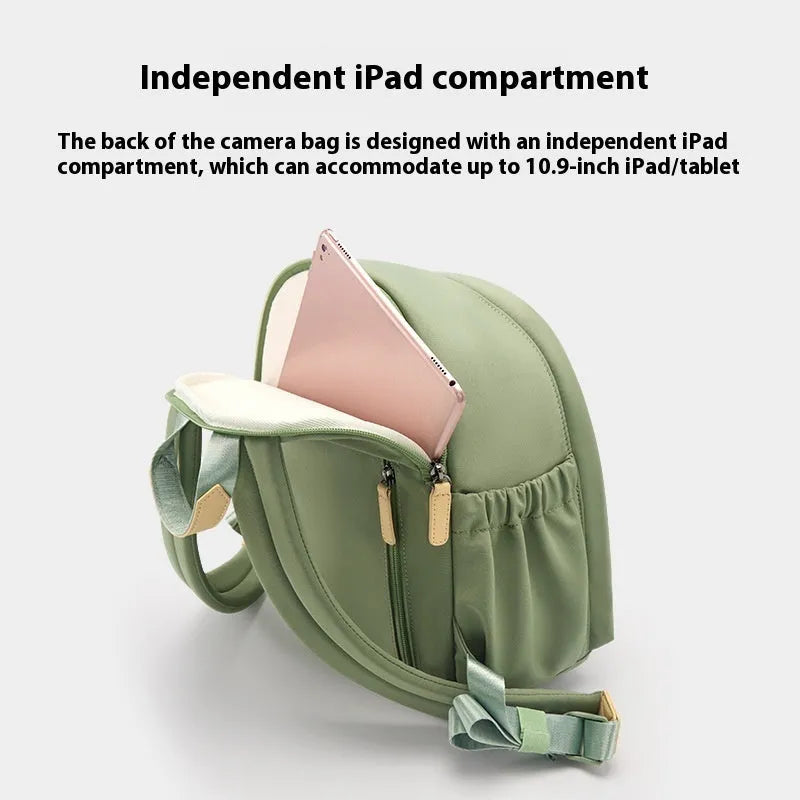 Women's polyester shoulder camera bag in solid colour with shoulder strap and detachable tablet insert
