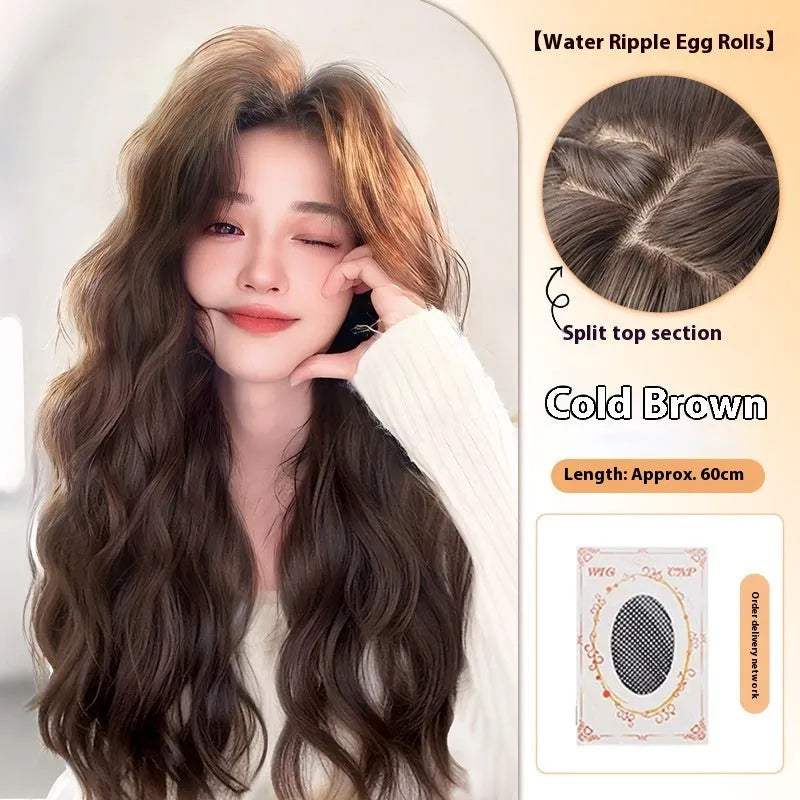 Female full-head wig with natural long curly hair and side bangs in high temperature fibre, Brown Black colour