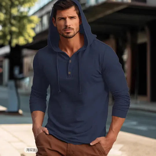 Cotton pullover hoodie top in one of six colours: dark blue, apricot, black, blue, white, or light green.