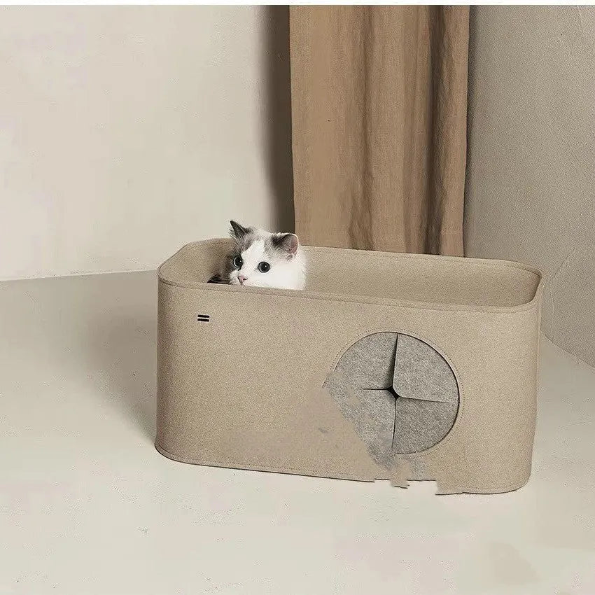 Foldable felt cat nest in khaki on a flat surface, 52x26x26cm size option
