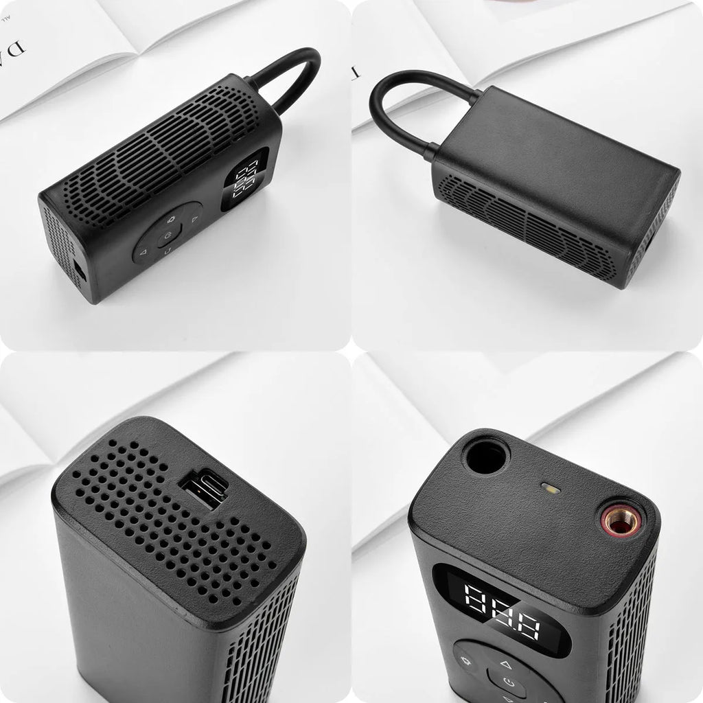 Black M09X portable power bank tyre inflator with USB cable and inflatable tube