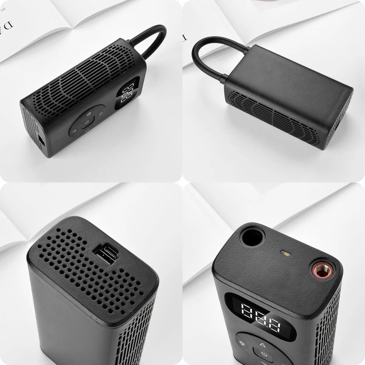 Black M09X portable power bank tyre inflator with USB cable and inflatable tube