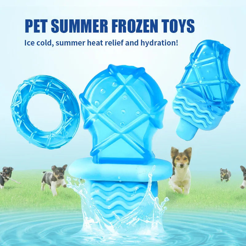 Summer ice cold dog cooling toy set with pacifier, popsicle, and ring shapes in assorted colours