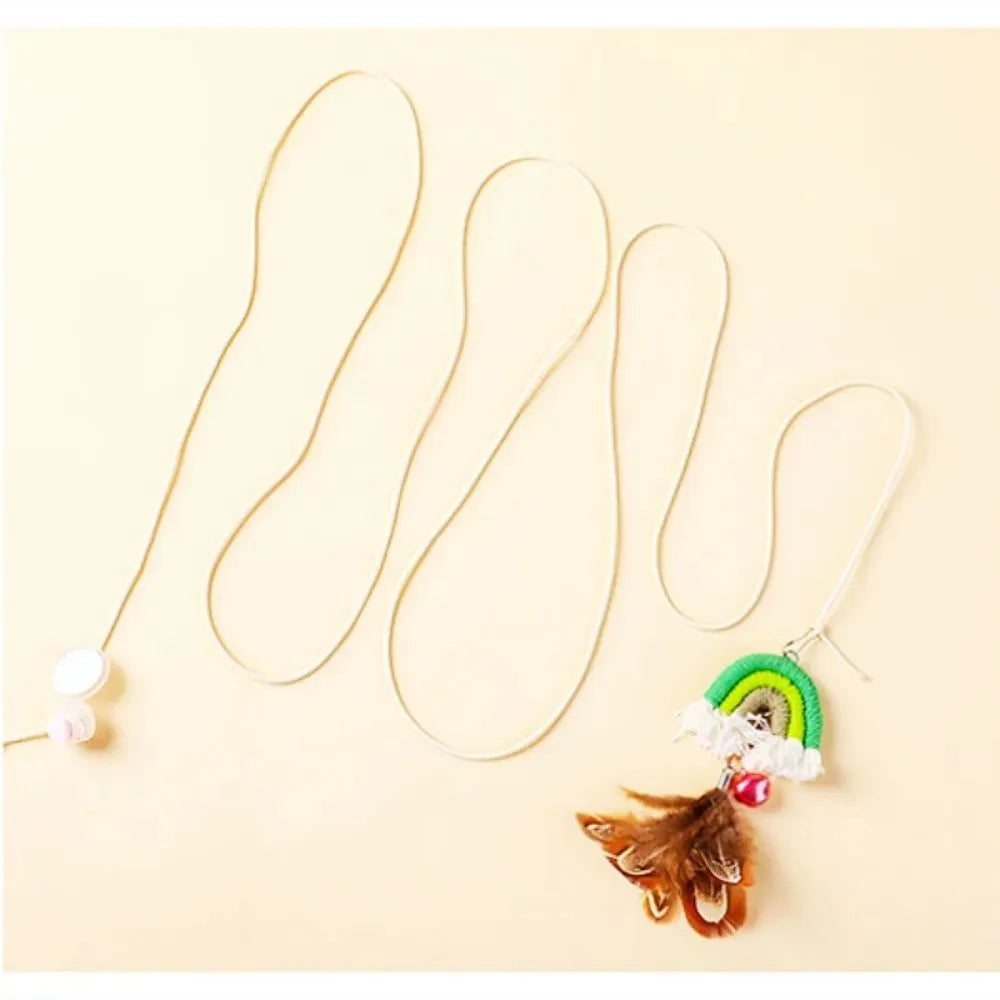 Cat toy with feather rope hanging from door using elastic and sticky buckle clamp, available in Blue, Green, and Pink