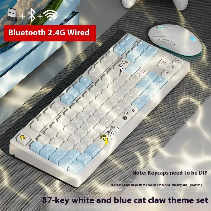 Office Game wireless mechanical keyboard showing three connectivity modes and available colour options