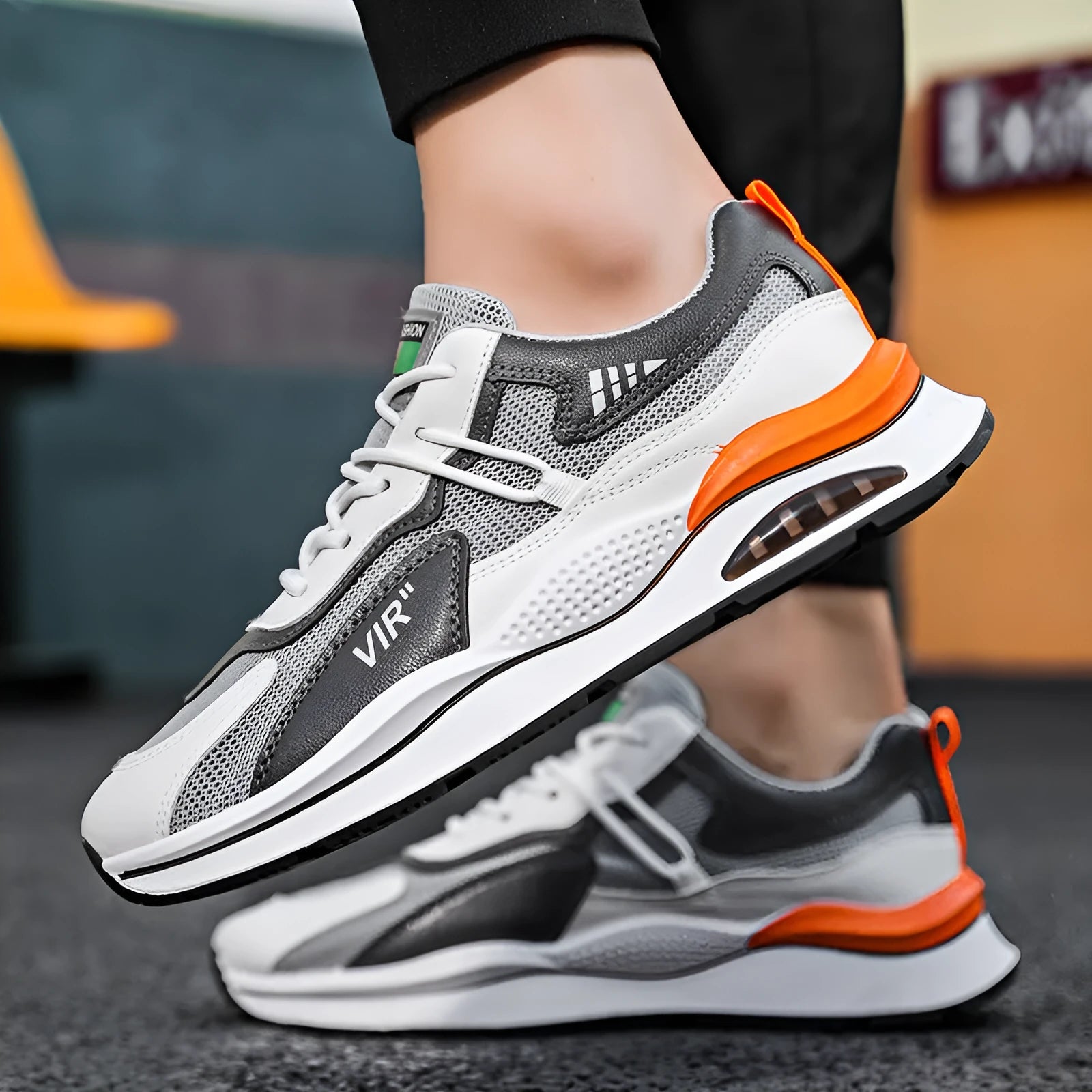 Men's gray breathable mesh running shoes with round toe and EVA sole for jogging