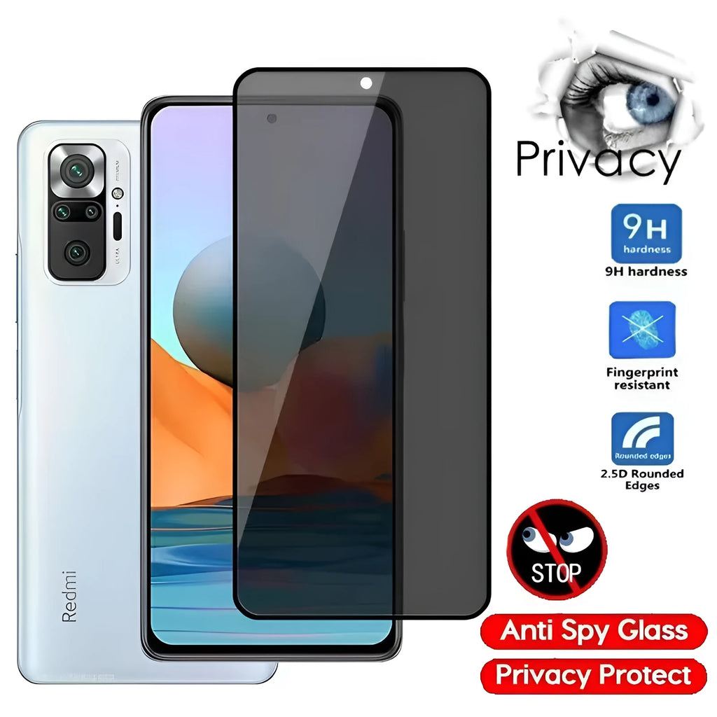 Anti-spy screen protector for Poco and Redmi mobile phones showing privacy filtering effect