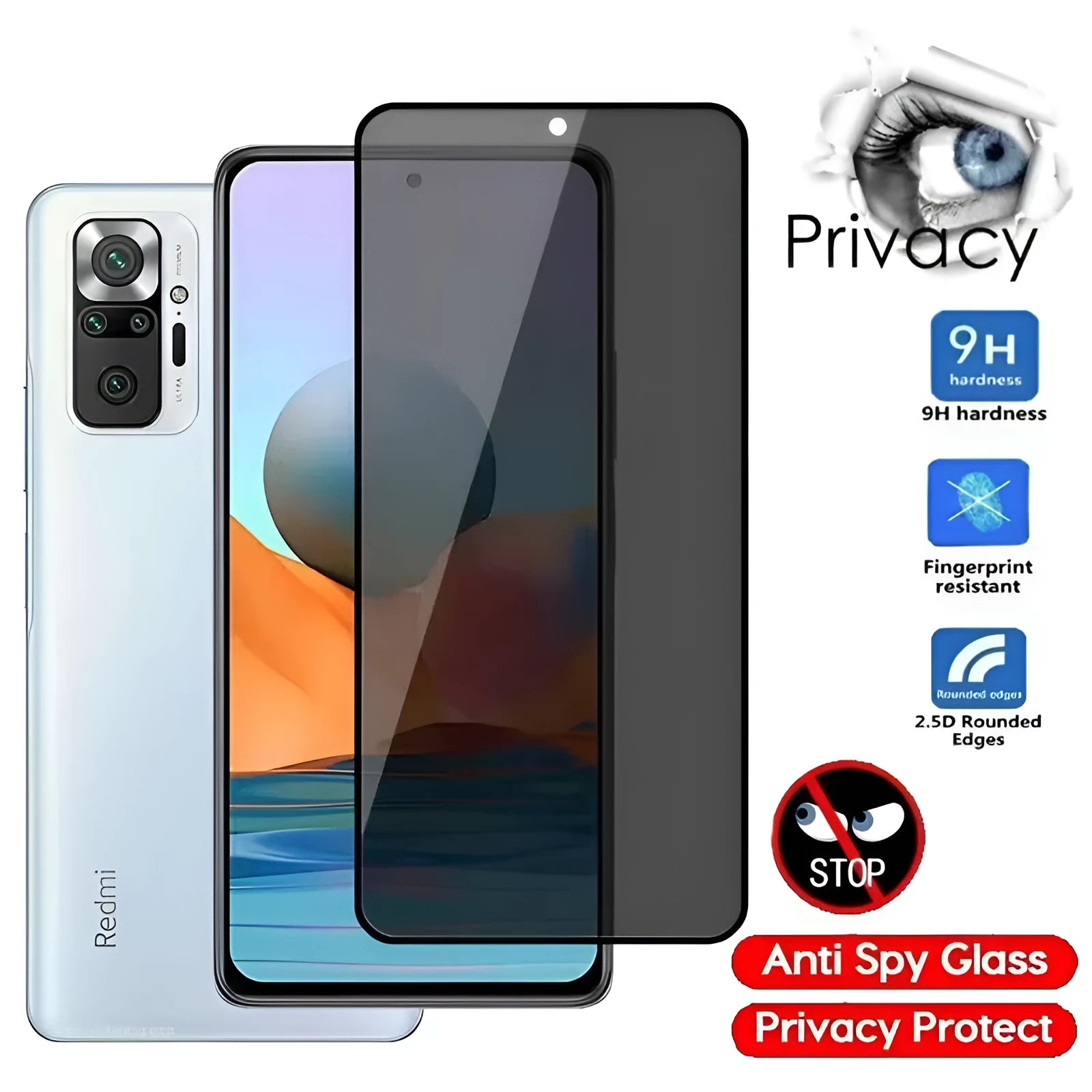 Anti-spy screen protector for Poco and Redmi mobile phones showing privacy filtering effect