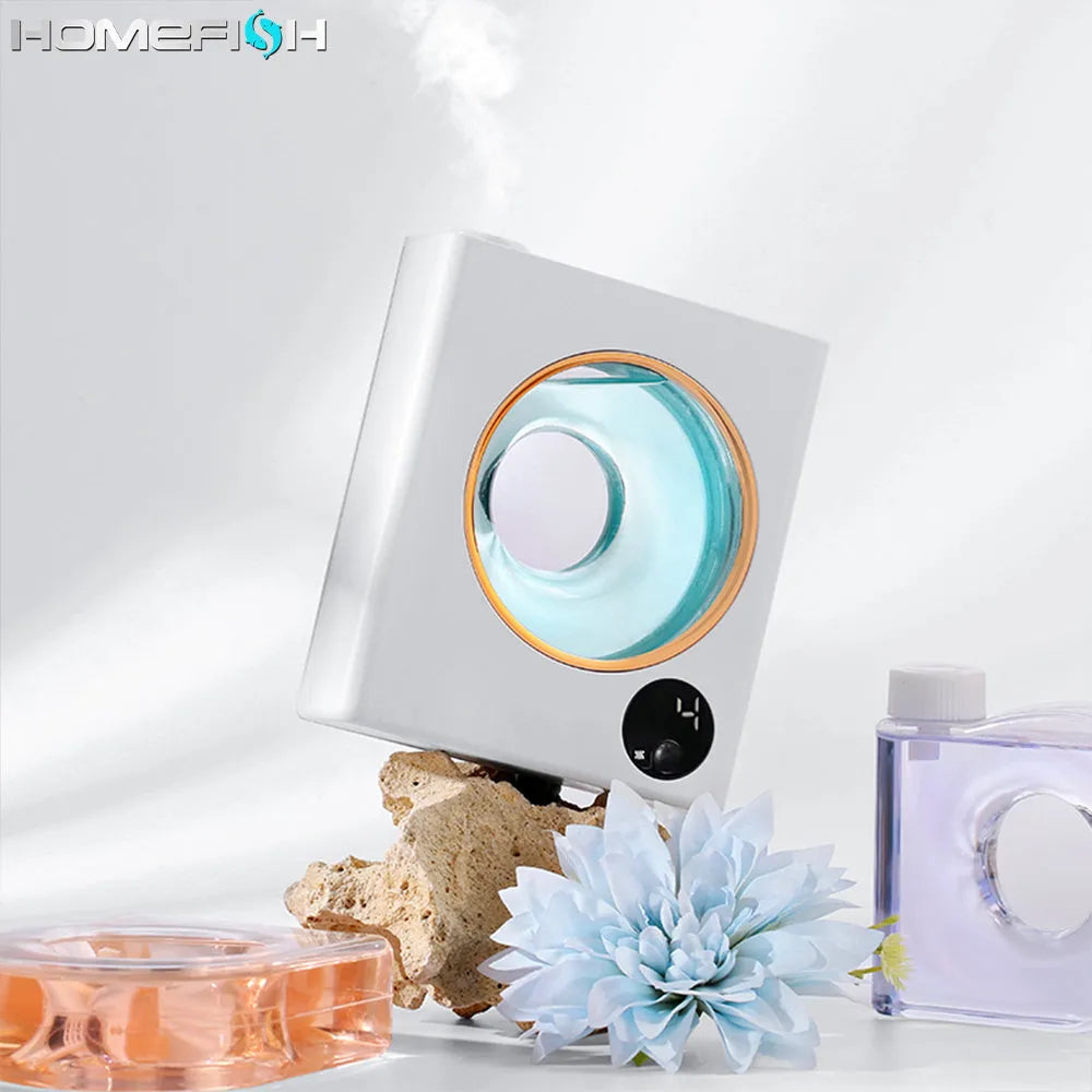 Small white automatic aromatherapy machine mounted on wall with USB charging cable