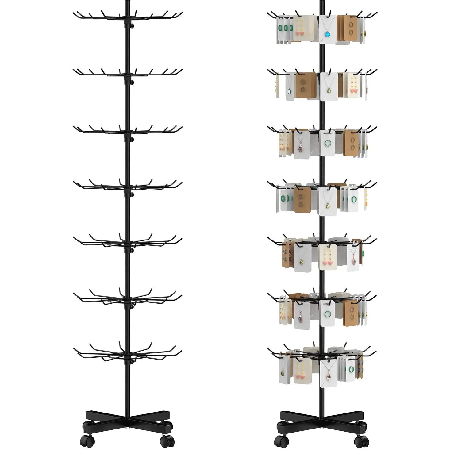 Iron accessory rack display stand with seven layers in black holding phone cases and gloves