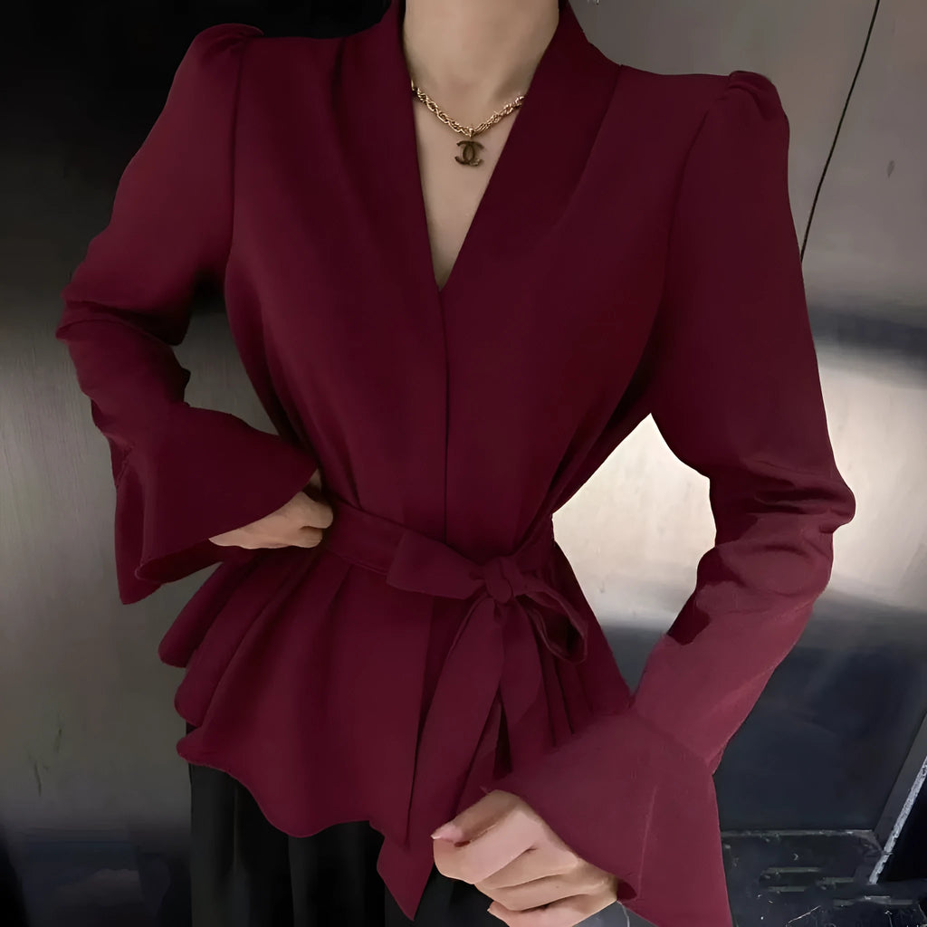 Women's French-style shirt with irregular collar, long bell sleeves, and tie-front closure in black colour