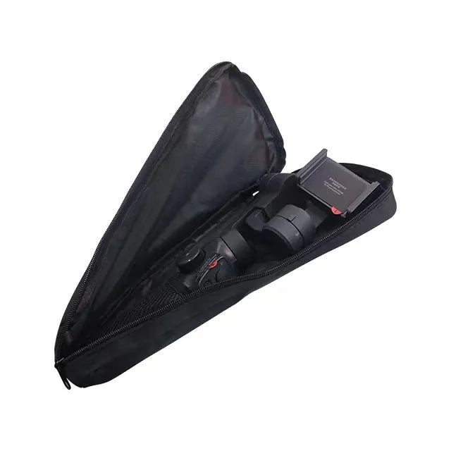 Black cloth storage bag for a mobile phone stabiliser and camera accessories.