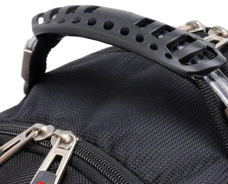 Black 38-litre business laptop backpack with three compartments and multiple pockets for organisation.