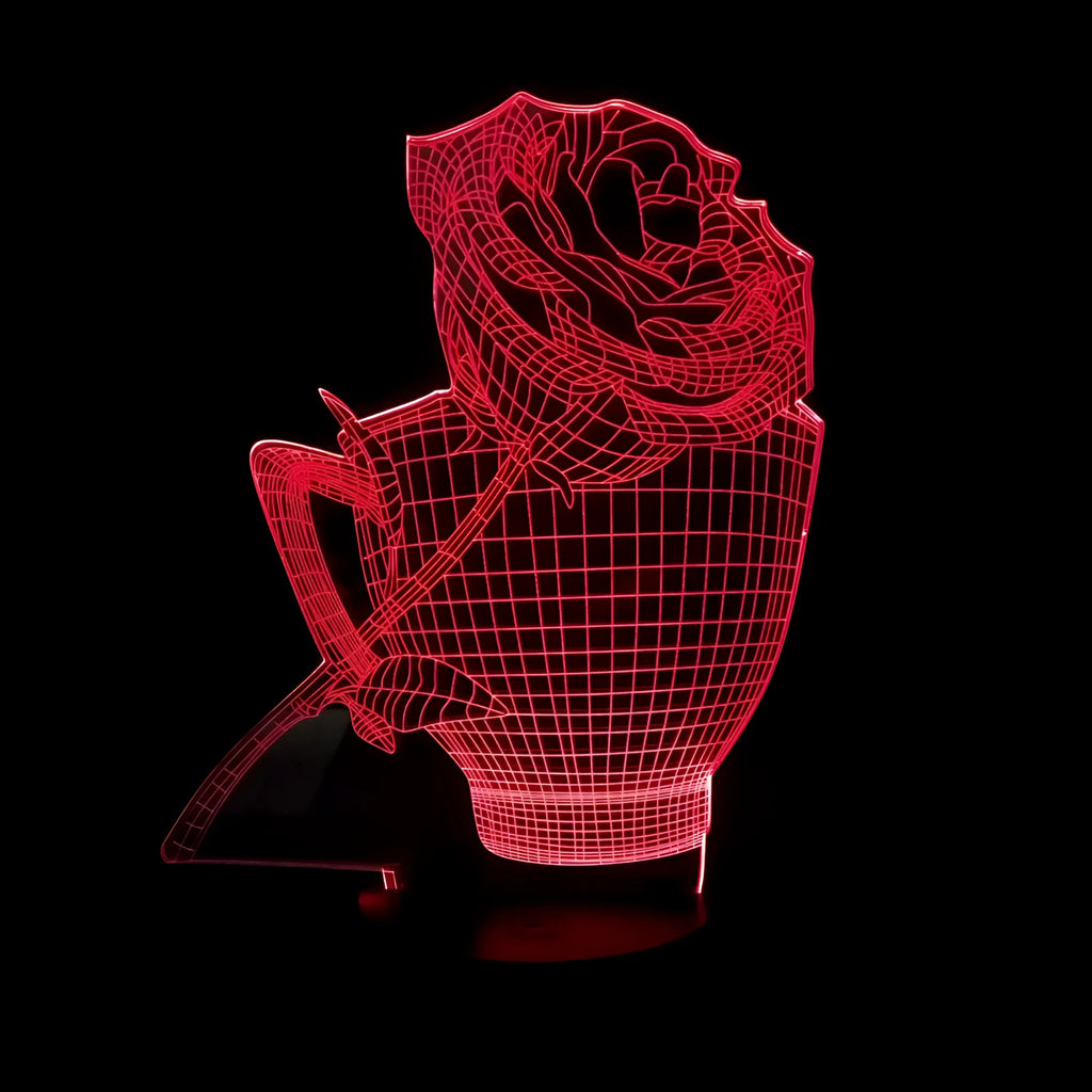3D rose design acrylic LED night light with remote control on a black ABS base