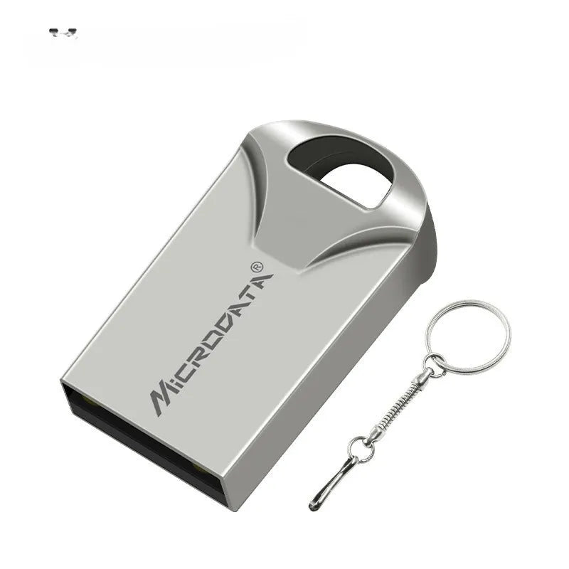 Small square metal USB flash drive on a necklace chain, showing black colour option.
