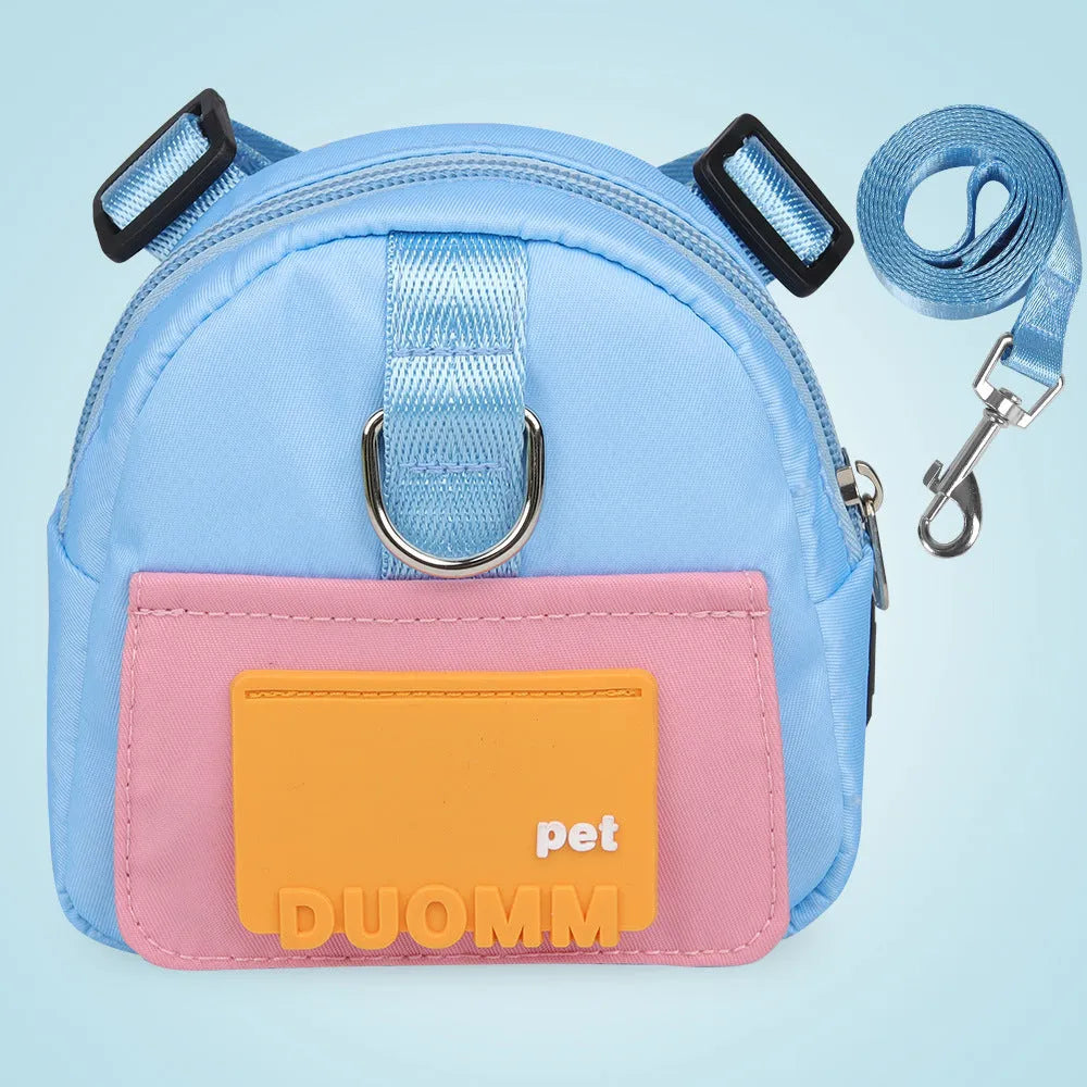 Blue pet snack storage backpack harness with breathable mesh and adjustable straps on a small dog outdoors